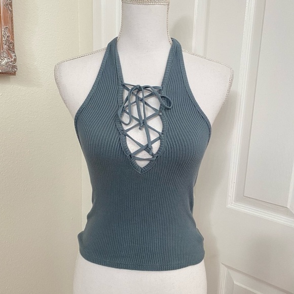Project Social T Tops - Project Social T x Urban Outfitters Ribbed Halter Neck Tie Front Top Sz Med